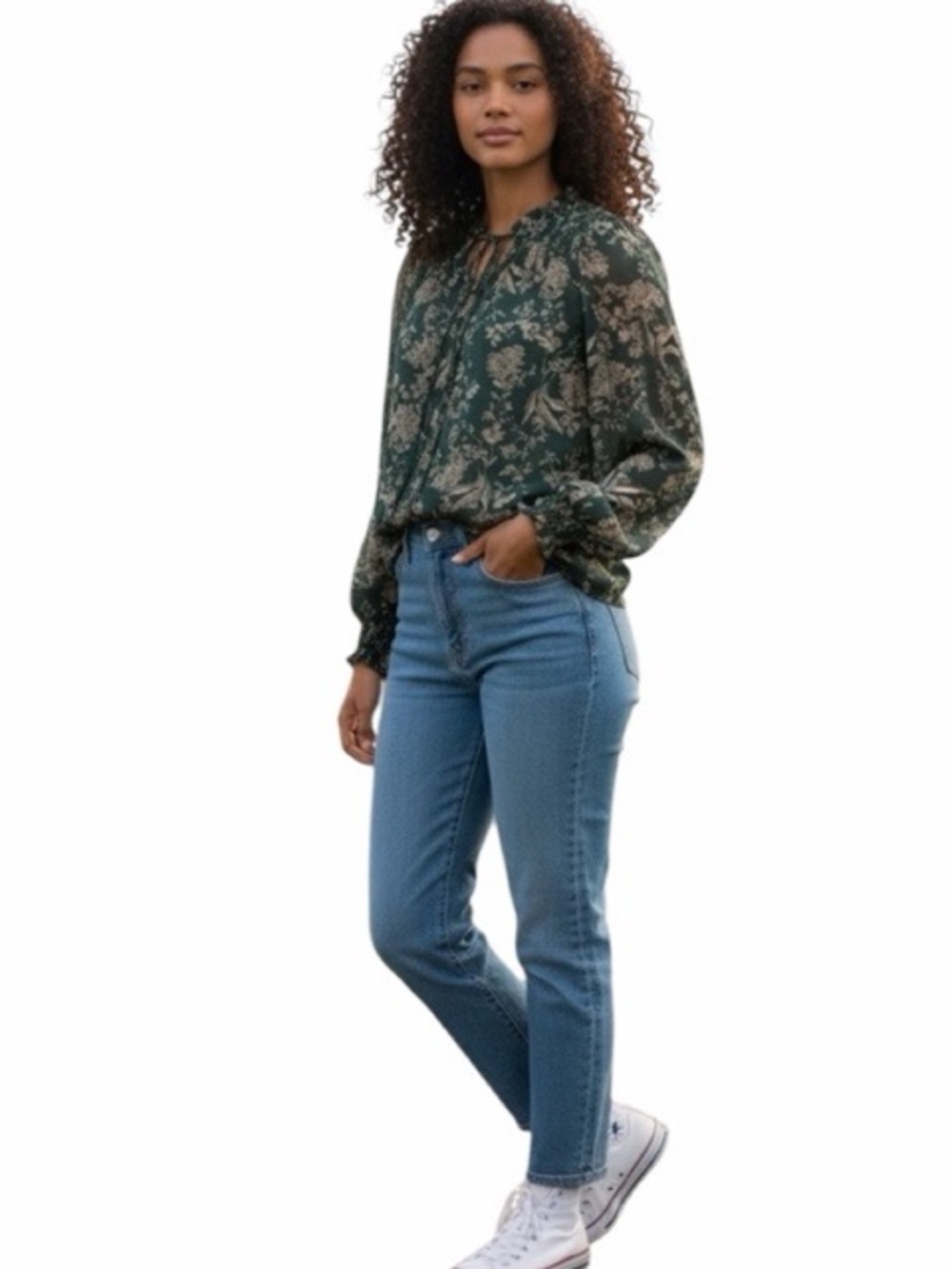 &Merci Chiffon Floral Long‎ Sleeve Smocked Blouse NWT